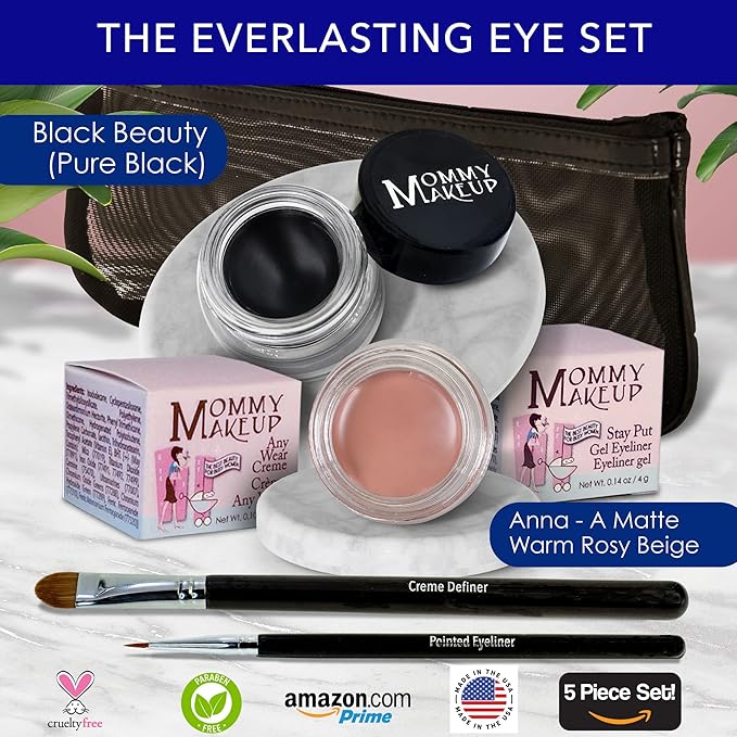 The Everlasting Eye 5 Piece Waterproof Makeup Set. Gel Eyeliner, Creme Eyeshadow, 2 brushes and Mesh Bag. Paraben-free, Talc-free, Cruelty-free. Anna/Black Beauty 1201-VivaGrace Women