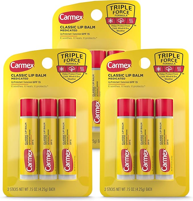 Carmex Classic Medicated Lip Balm Sticks, Lip Moisturizer for Chapped Lips, 9 Count (3 Packs of 3)-VivaGrace Women