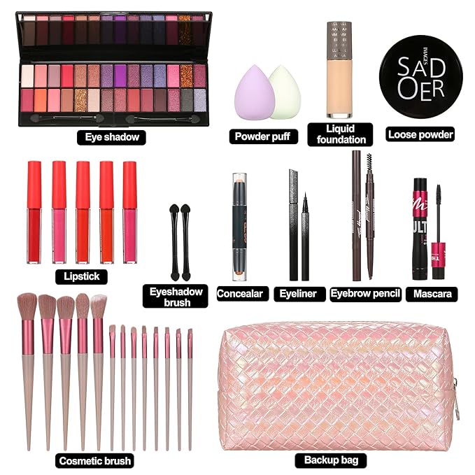 All in One Makeup Kit Makeup Kit for Women Full Kit Multipurpose Makeup Kit-Makeup Brush Set,Eyeshadow Palette,Lip Gloss Set, Makeup Bag,Eyebrow Pencil,Eyeliner pencil,Mascara,Contour Bar,Liquid foundation,concealer and Face Makeup-VivaGrace Women