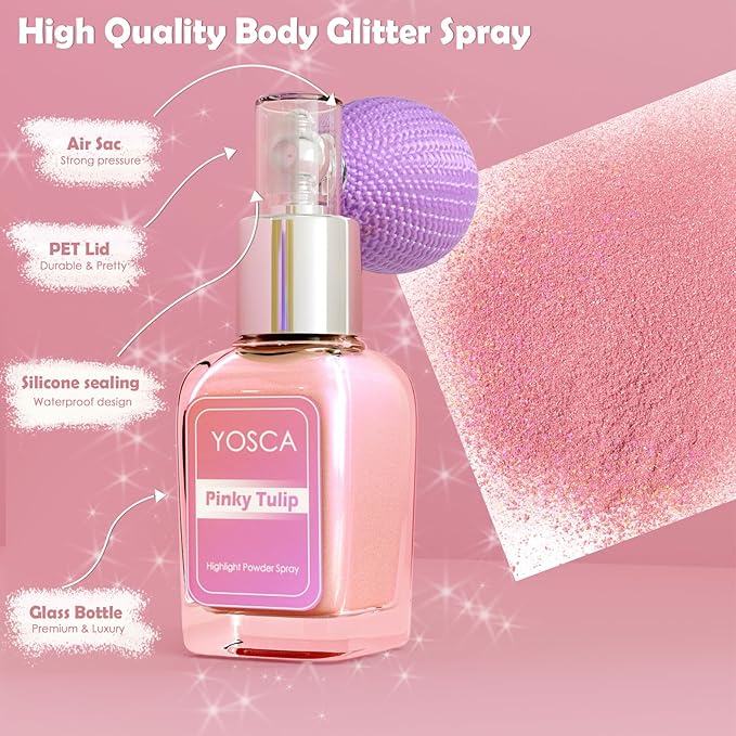 Yosca Highlighter Powder Spray, 20ML Cosmetic Grade Shimmer Powder Pink Glitter Spray Sparkle Highlighter Makeup Festival Concert Accessorise for Rave Clothes Hair Face Nail Art - Pinky Tulip-VivaGrace Women