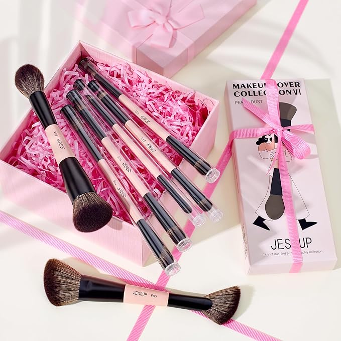 Jessup Makeup Brushes Set 7pcs Double Sided Makeup Brushes for Foundation Concealer Blush Eyeshadow Contour Bronzer Powder Blending Eyebrow Eyeliner, Cruelty-Free Make up Brushes Peach Dust T600-VivaGrace Women