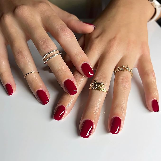 Press On Nails Squoval - Wine Red Fake Nails Short Full Cover Acrylic Glue on Nails in 12 Sizes - 24 Piece Pure Color Nail Kit,Natural Fit for Women & Girls Daily Wear