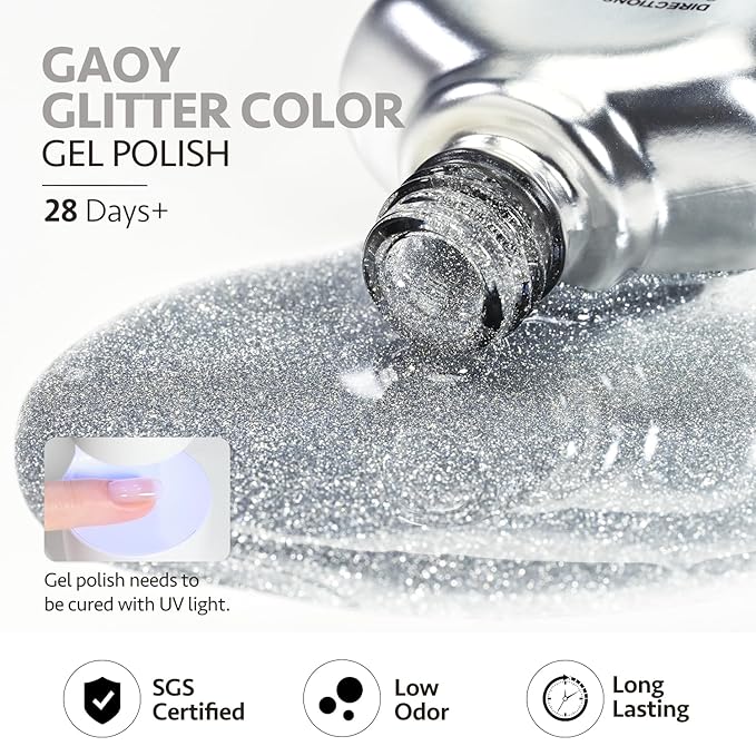 GAOY Glitter Gel Nail Polish, 16ml Silver Reflective Gel Polish, Sparkle Diamond Flash Soak Off UV Gel for Nail Art, 1202