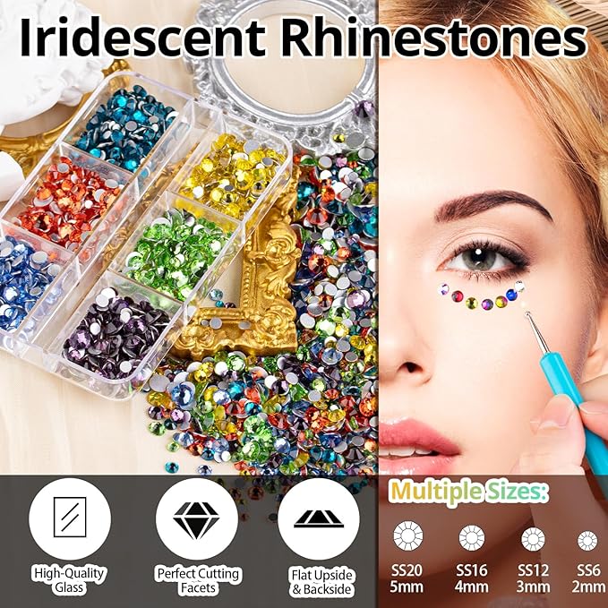 Colorful Face Gems for Makeup Set, Flatback Gorgeous Charming Mixed-Colored Crystals with Makeup Glue+Picker Pencil+Tweezer for Eye Body Hair Make-up and Nail Art Deco-VivaGrace Women