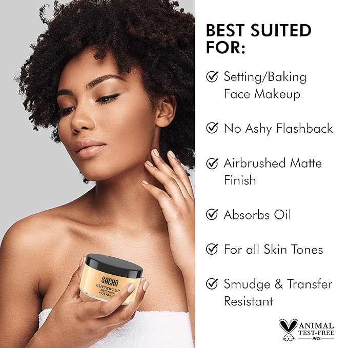 Sacha BUTTERCUP Setting Powder Makeup 1.75 Oz. Translucent Setting Powder for Oily Skin Finishing Powder Loose Powder Makeup Blurring Powder Blurs Fine Lines and Pores For Medium to Dark Skin Tones-VivaGrace Women