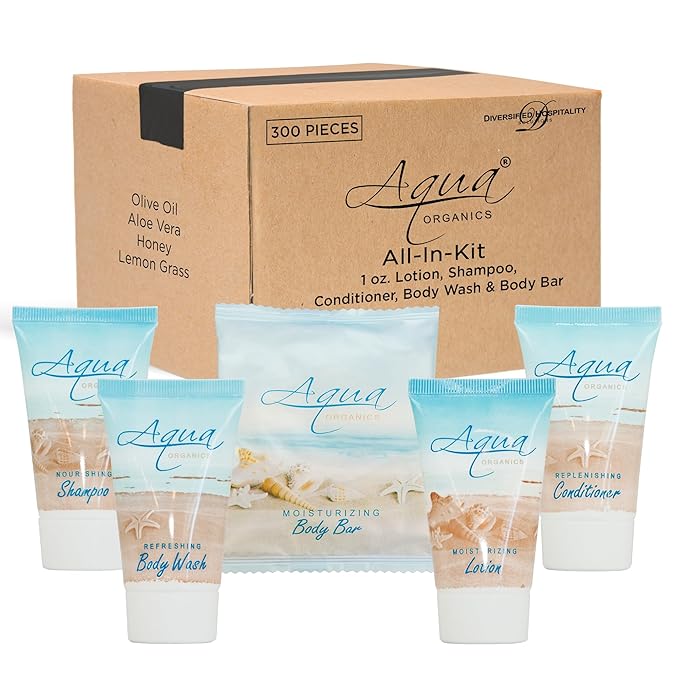 Aqua Organics Hotel Soaps and Toiletries Bulk Set | 1oz Hotel Shampoo & Conditioner, Body Wash, Body Lotion & 1oz Bar Soap Travel Size | 300 Pieces-VivaGrace Women