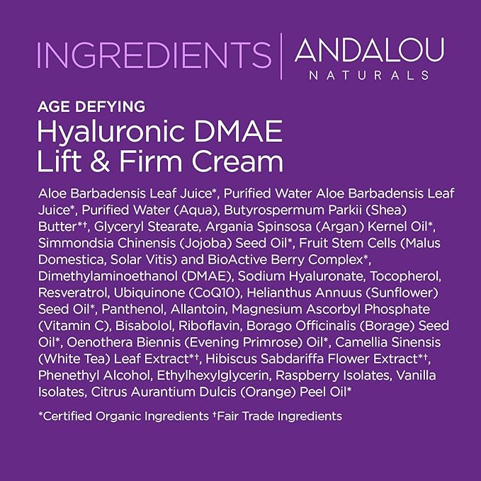 Andalou Naturals Hyaluronic DMAE Lift & Firm Skin Cream | Anti Aging Face Moisturizer With Hyaluronic Acid |Helps Reduce Fine Lines & Wrinkles | 1.7 oz-VivaGrace Women