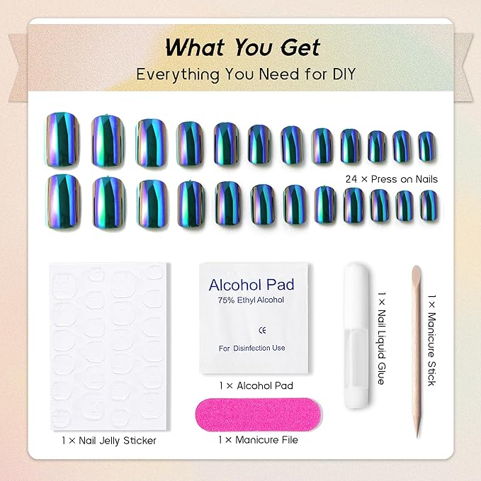 Press on Nails Square - Magic Chameleon Green Chrome Fake Nails Medium Acrylic Full Cover Glue on Nails in 12 Sizes - 24 Piece Nail Kit,Natural Fit for Women & Girls Daily Wear