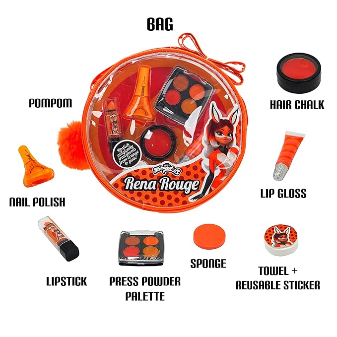 Miraculous Ladybug Kids Makeup Set - 10 Piece Bag with Nail Polish, Hair Chalk, Stickers & More - Safe, Non-Toxic Pretend Play Cosmetics - Rena Rouge Themed Makeup Kit for Children-VivaGrace Women