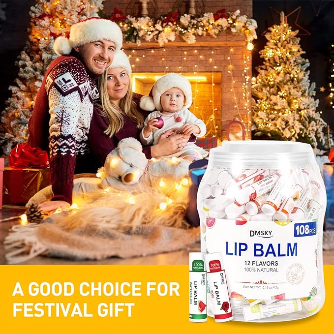 DMSKY Lip Balm Bulk 108 Pack, Lip Balm Hydrating with Vitamin E and Coconut Oil 12 Flavors, Lip Moisturizer Treatment - Party Favors Bulk Gift-VivaGrace Women