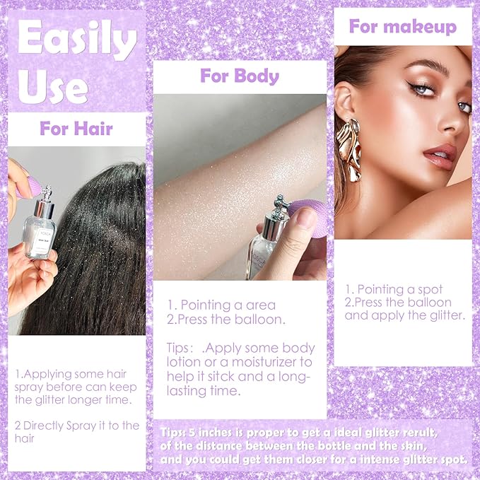 Yosca Highlighter Powder Spray, 20ML Cosmetic Grade Shimmer Powder Diamond Glitter Spray Sparkle Highlighter Makeup Festival Concert Accessorise for Rave Clothes Hair Face Nail Art - Silver Dust-VivaGrace Women