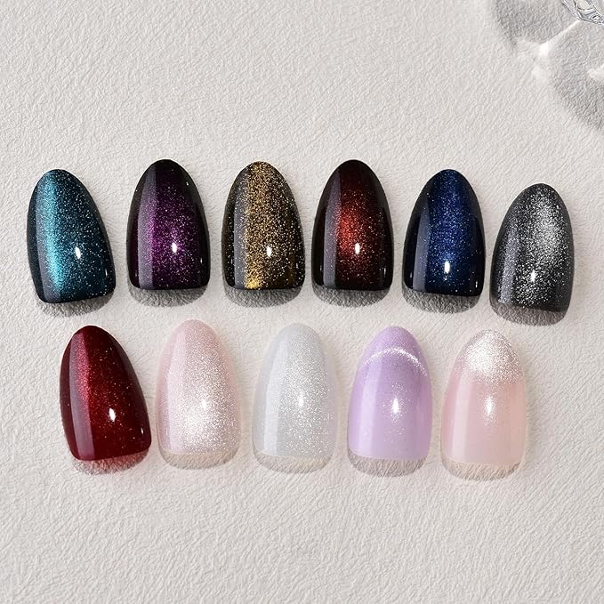 Cat Eye Press on Nails Short Almond, Nude Pink Press on Nails Almond, Fashion Gel Fake Nails, Reusable Acrylic Fake Nails, Glossy Stick on Nails for Women, Glue on Nails Kit, Nebula Blush