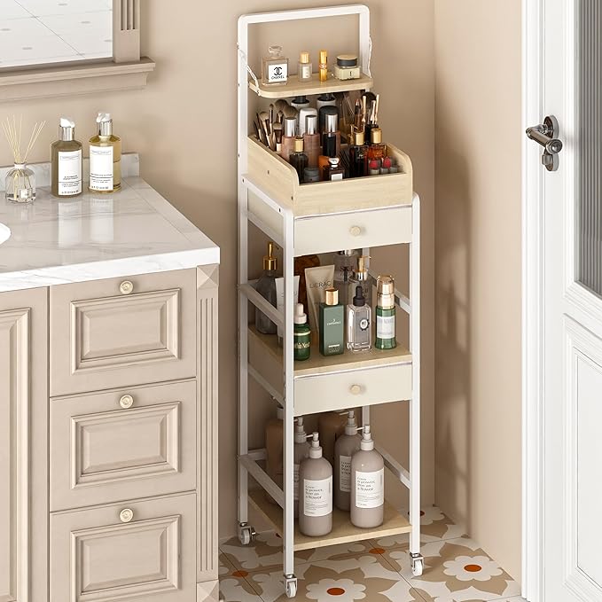 Wisdom Star Makeup Organizer Cart with 2 Drawers, Floor Skincare Organizers, Makeup Storage, Vanity Organizer, Cosmetics Display, Versatile Skin care Perfume Nail Polish Storage Rack for Bathroom-VivaGrace Women