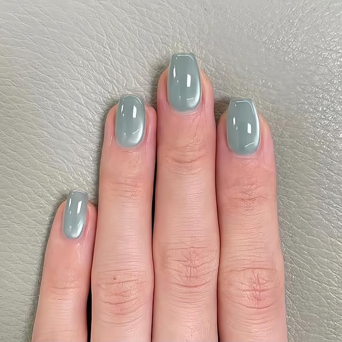 KQueenest Light Green Cat Eye Press on Nails Short Coffin, 30 Pcs Glitter Fake Nails Press ons, Acrylic Glue on Nails Shiny Sparkle False Nails Reusable Stick on Nails for Women Daily Wear