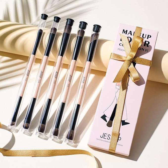 Jessup Makeup Brushes 5pcs Double Ended Eyeshadow Brush Contour Blending Eyeliner Eye Shader Brush, Vegan Fiber Precision Eye Brush Set Peach Dust T509-VivaGrace Women