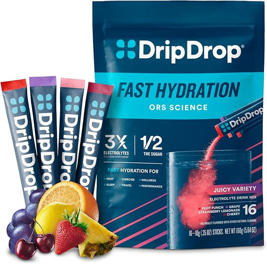 DripDrop Hydration Packets - Juicy Variety Pack - Single Serve Electrolytes Powder Drink Mix - Grape, Fruit Punch, Strawberry Lemonade, Cherry - Non-GMO, Gluten Free, Vegan - 16 Sticks-VivaGrace Women