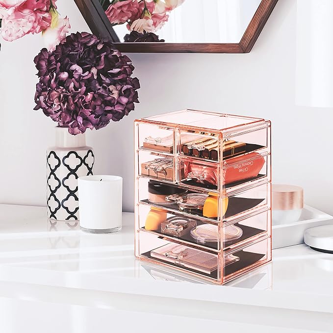 Sorbus Acrylic Makeup Organizer - Organization and Storage Case for Cosmetics Make Up & Jewelry - Big Clear Makeup Organizer for Vanity, Bathroom, College Dorm, Closet, Desk (3 Large, 4 Small Drawers)-VivaGrace Women