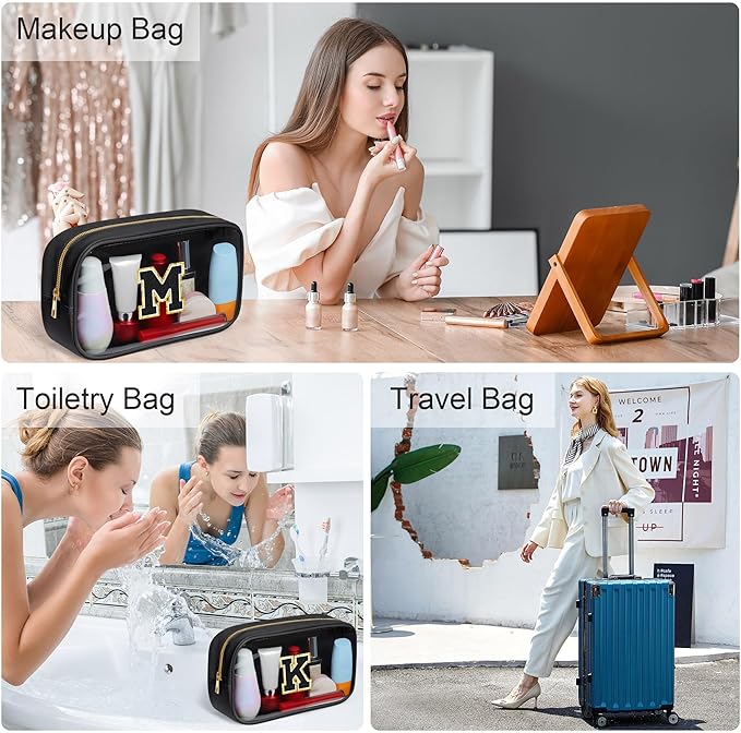 YOOLIFE Initial Travel Makeup Bag Pouch, Clear Toiletry Bag for Women Travel Accessories Cosmetic Bag Skin Care for Teen Make Up Bags Birthday Gifts for Women Unique Teacher Mom Friends Gifts Black N-VivaGrace Women