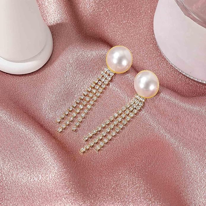 Vintage Crystal Pearl Drop Earrings Cz Bridal Crystal Earrings Long Rhinestone Tassel Earrings Gold Pearl Stud Earrings Jewelry for Women-VivaGrace Women