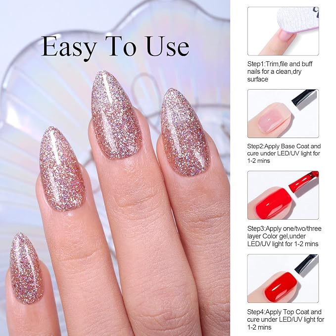 Imtiti Glitter Gold Pink Gel Nail Polish, 0.5 fl oz Glitter Gold Gel Polish UV/LED Soak Off Gel Nail Design for Autumn and Winter