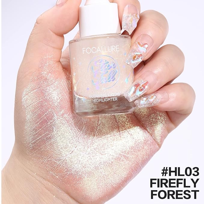FOCALLURE Starfall Glowing Liquid Highlighter, Shimmering Body Oil, Non-Sticky Shimmer Liquid Luminizer, Non-Greasy, Face & Body Glitter Makeup for Costumes, Cosplay, Rave Festival, FIRELY FOREST-VivaGrace Women