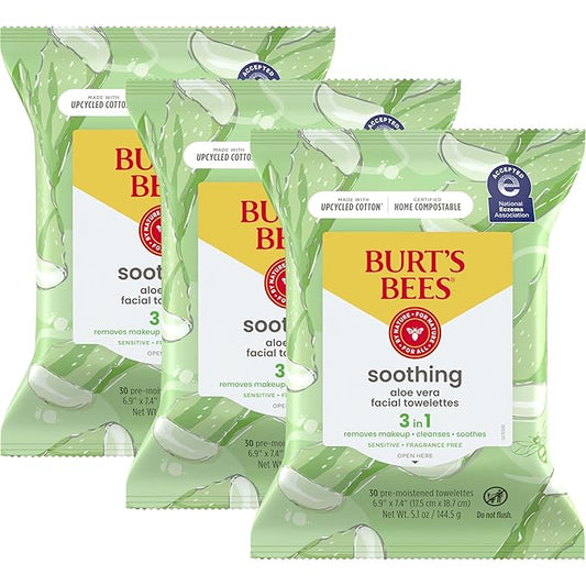 Burt's Bees Back To School Dorm Essentials, Aloe Vera Face Wipes, for Sensitive Skin, Soothing Makeup Remover & Facial Cleansing Towelettes, 30 Ct. (3-Pack)-VivaGrace Women