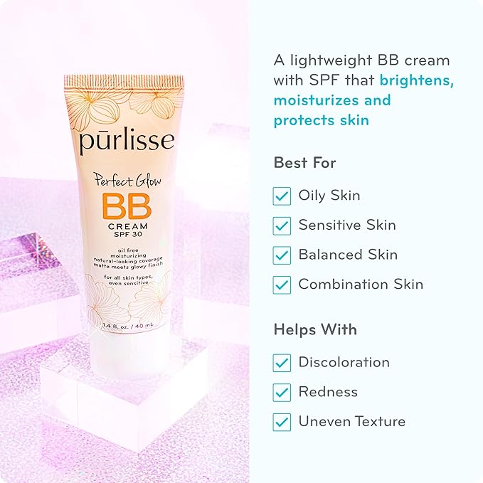 pūrlisse Perfect Glow BB Cream with SPF 30 - Matte Meets Dewy Finish - Enriched with Goji & Hawthorn Berry to Help Improve Skin Texture & Radiance - Medium Warm (1.4 oz)-VivaGrace Women