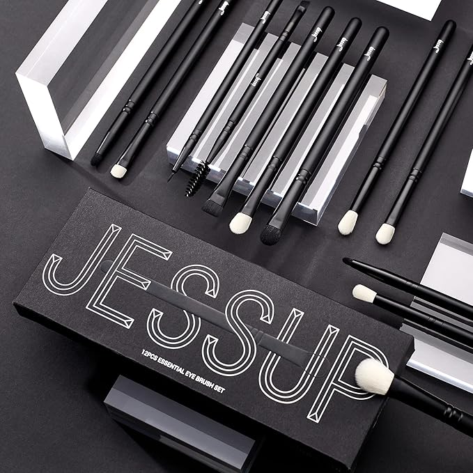 Jessup Eyeshadow Brush Set 12pcs Black Eye Makeup Brushes Set Professional with Natural Synthetic Hair for Eyebrow Eyelash Eyeliner Spoolie Blending, T322-VivaGrace Women