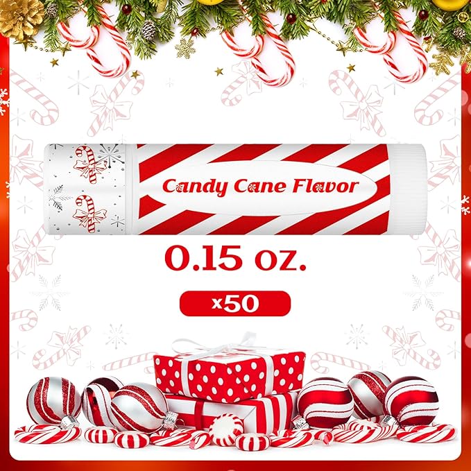 50 Pack Christmas Candy Peppermint Cane Lip Balms Bulk Holiday Flavor Collection Lip Balm Gifts Christmas Stocking Party Gifts Goodie Bags Stuffers for Women Men Staff Employee-VivaGrace Women