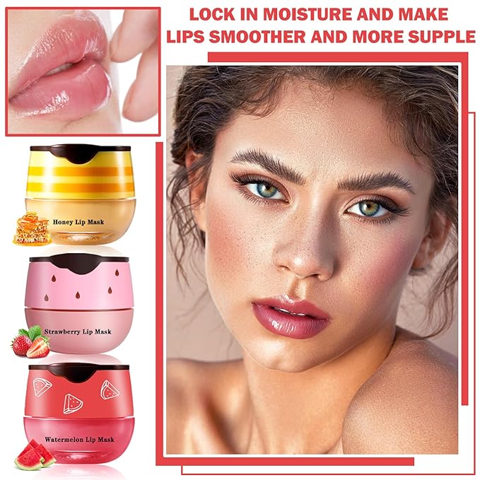 3PCS Bee Lip Balm Honey Pot Honey Strawberry Watermelon Lip Balm Sleeping Lip Mask Silky Hydrating Bee Lip Balm Honey Lip Mask Overnight Lip Care Products(Honey+Strawberry+Watermelon)-VivaGrace Women