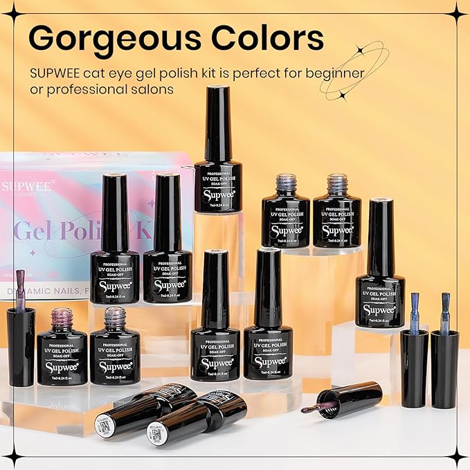 Cat Eye Gel Polish with Magnetic Stick, 12 Colors Chameleon Magnetic Gel Polish Kit Galaxy Cateyes Nail Polish Gels Collection Home DIY Manicure for Women Girl