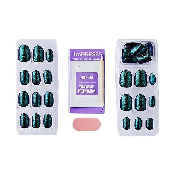 WICKED X imPRESS Design Press On Nails , The EASIEST NO GLUE Mani, Super Hold Adhesive, ‘The Green Elixir’, Green, Short Oval, Includes 30 Fake Nails, 1 Prep Pad, 1 Manicure Stick, 1 Mini File