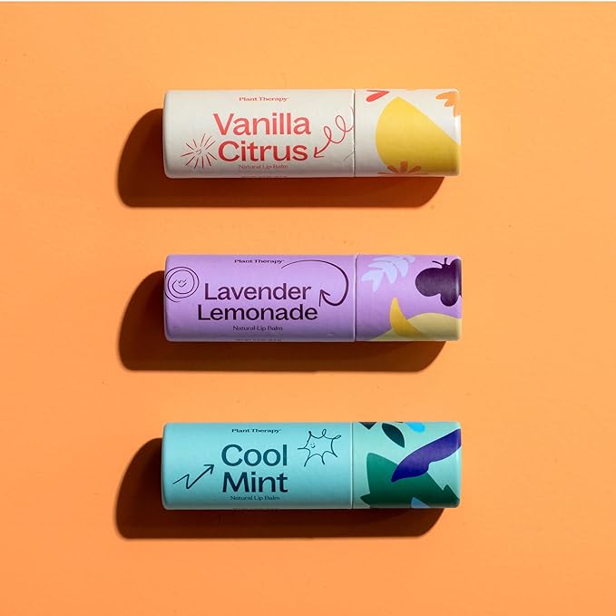 Plant Therapy Love Your Lips Lip Balm Trio Set 0.9 oz (25.5 g) Simple, Natural Ingredients & Packaged in Eco-Friendly Recyclable Cardboard, Refreshing Flavors Including: Lavender Lemonade, Vanilla Citrus, Cool Mint-VivaGrace Women