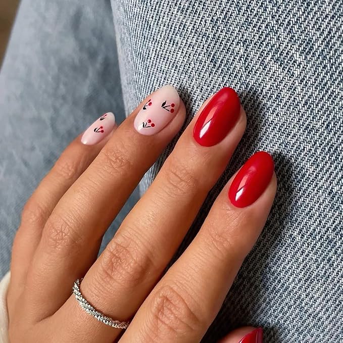 24 Pcs Cherry Press-on Nails | Extra Short, Almond Shaped, Pink/Red - Full Cover, Acrylic, Reusable, Fruit Design, Glossy Finish for Women's Daily Nails Art