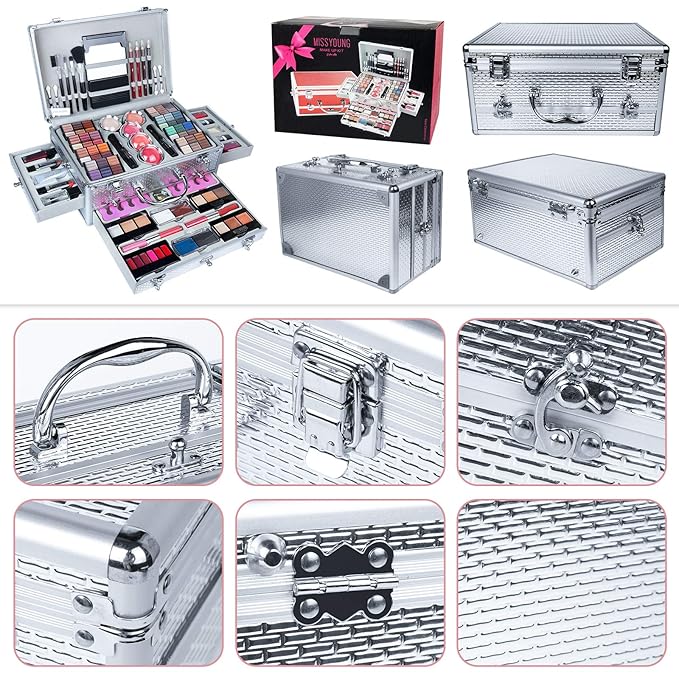 Make-up Box Set Multi-purpose Cosmetic Storage Beauty Case Professional Contain Eyeshadow Concealer Lip gloss Blusher Compact Powder Eyebrow and Makeup Pencil Brush #3-VivaGrace Women