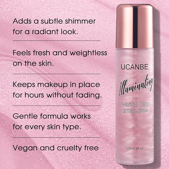 UCANBE Shimmer Dewy Setting Spray – Glowing + Makeup Setting Spray 2 in 1 Lightweight Formula for a Radiant Glow,Long-Lasting Face Mist for Face Body, 4 Fl Oz #Bubblegum-VivaGrace Women