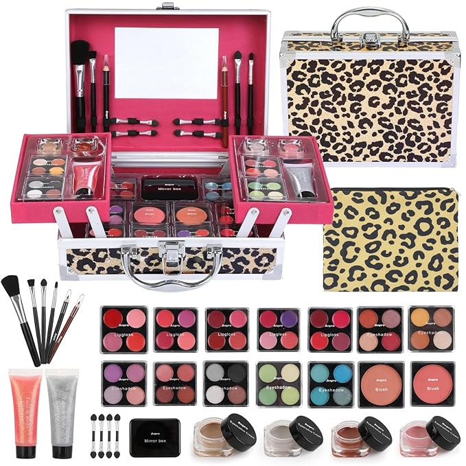 Anpro All-In-One Leopord Double Folding Makeup Carry Case with Pro Teen Makeup Set, Full Starter Kit with Makeup Brushes, Lipsticks, Eyeshadow Palette, Blushes, Glitter Gel, Ideal Present for Girls-VivaGrace Women
