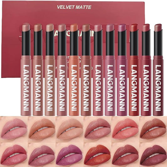 Jolilab 12Pcs Velvet Matte Lipstick Nude Matte Soft Dark Color Stick High Pigmented Long-Lasting Waterproof Lip Stick Lip Balm Beauty Cosmetics Gift for Girls and Women(01#-12#)-VivaGrace Women