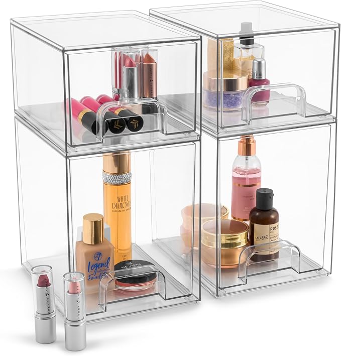 Sorbus Acrylic Storage Containers - 4 Pack, Stackable Storage Bins Set for Bathroom Organization - Clear Acrylic Drawer Organizers - Makeup Case Pull-Out Drawers (7.6’’ and 4.4’’ Tall)-VivaGrace Women