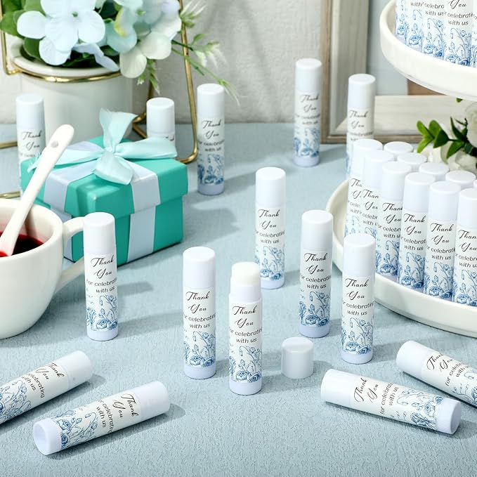 Dunzy 50 Pcs Thank You Gift Lip Balm Bulk Baby Shower Party Favors Bridal Shower Favor Lip Care with Assorted Fruit Flavors Thank You Lipstick for Guest Basket Gift Stuffer (Blue and White Porcelain)-VivaGrace Women