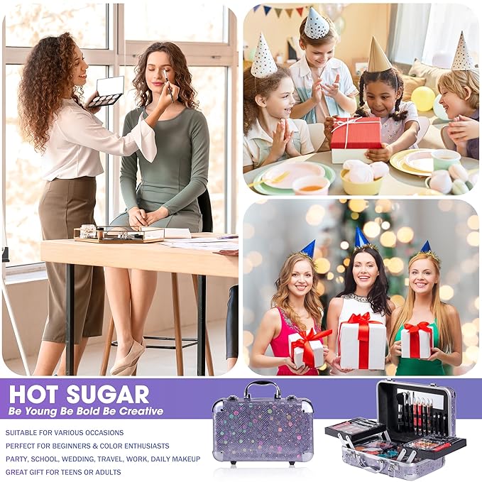 Hot Sugar Makeup Kit for Girls 10-12, Teen Girls Makeup Set for Beginners With Eye Shadow Palette, Blush, Lip Gloss, Brush, Mirror (Colored Bubble)-VivaGrace Women