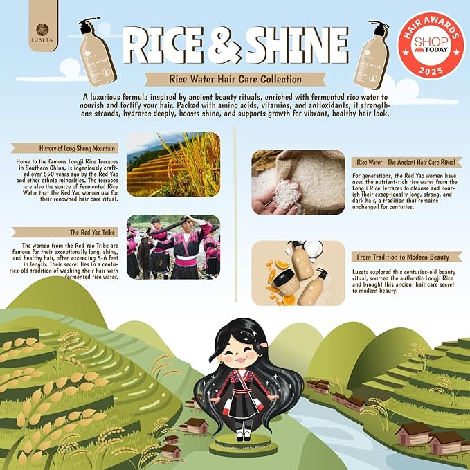 Luseta Rice Water Shampoo and conditioner Set Strengthening & Nourishing Revitalizes Shine for All Hair Types Hydrating & Frizz Control for Women and Men 16.9oz*2-VivaGrace Women