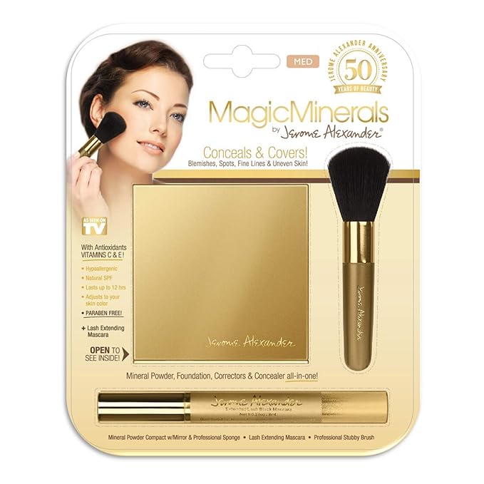Jerome Alexander MagicMinerals Pressed Mineral Powder Set with Mirror Compact, Extending Lash Mascara, Professional Stubby Brush & Blending Sponge (Medium)-VivaGrace Women