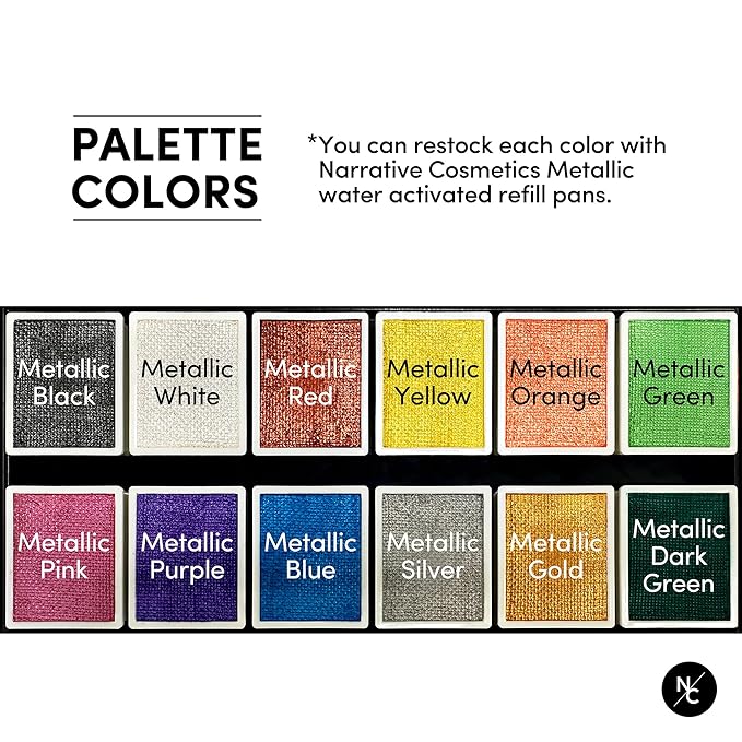 Metallic 12-Color Palette - Luxurious Water-Activated Makeup for Face & Body - Shimmering Shades for SFX, Cosplay, Theater, Film & TV Makeup Artists-VivaGrace Women