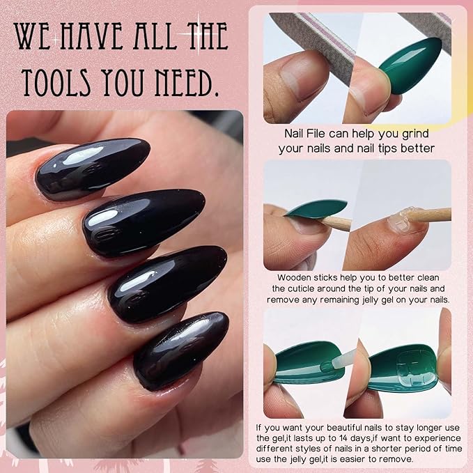 LoveOurHome 240pc Almond Press on Nails Medium Black Fake Nail Tips Full Cover Glue Almond Acrylic Nails Press ons Nail Short Stiletto False Artificial Fingernail & Glue Adhesive Tabs for Women Girls