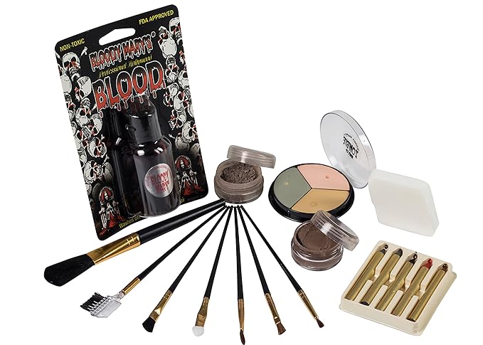 Zombie Makeup Kit By Bloody Mary - Halloween Costume Special Effects Palette - Walking Dead FX Makeup Tools - 5 Crayons, Blood, Setting Powder, 4 Application Brushes, 1 Sponge - Carrying Case Included-VivaGrace Women