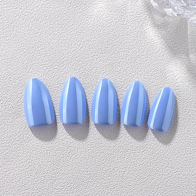 Chrome Spring Press on Nails Short Almond, Light Blue Press on Nails Almond, Fashion Gel Fake Nails, Reusable Glossy Stick on Nails for Women, Glue on Nails Kit,15 Sizes - 30Pcs