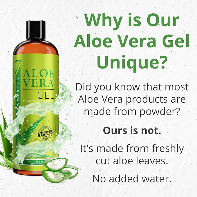 Seven Minerals Organic Aloe Vera Gel from freshly cut 100% Pure Aloe - Big 12oz - HighestQuality, Texas grown, Vegan, Unscented - For Face, Skin, Hair, Sunburn relief-VivaGrace Women