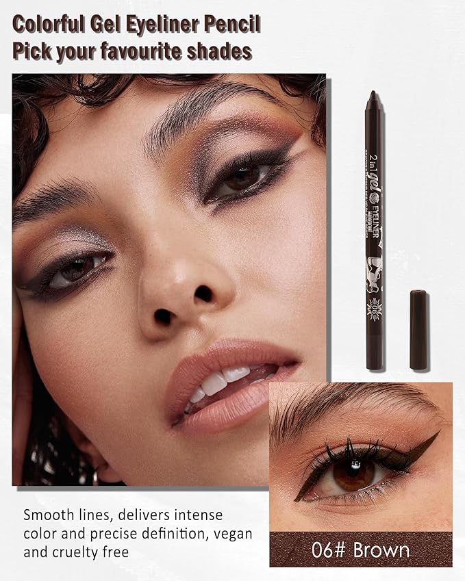 Brown Gel Eyeliner Pencil, Sharpenable Eye Liner Waterproof Smudge proof Long Lasting, Matte Gel Cream Smooth Texture, Intense Color Waterline Eyeliner Pen Makeup with Sharpener, Delineador De Ojos-06