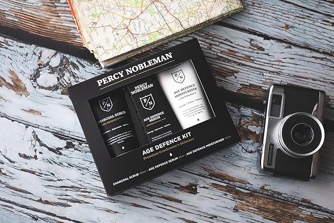 Percy Nobleman Age Defence Kit, a men's skincare set containing Charcoal Face Scrub (with Natural AHAs), ultra-hydrating Facial Serum (with Hyaluronic Acid), and Moisturiser (with Vitamin C)-VivaGrace Women